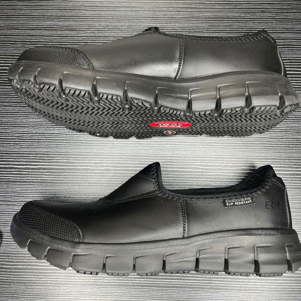 Skechers Work Shoes Womens 7.5 Black Leather Slip Resistant Relaxed Fit EH 76536
